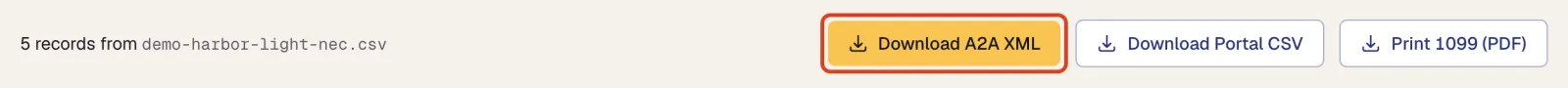 The Download A2A XML button is outlined above the record table.