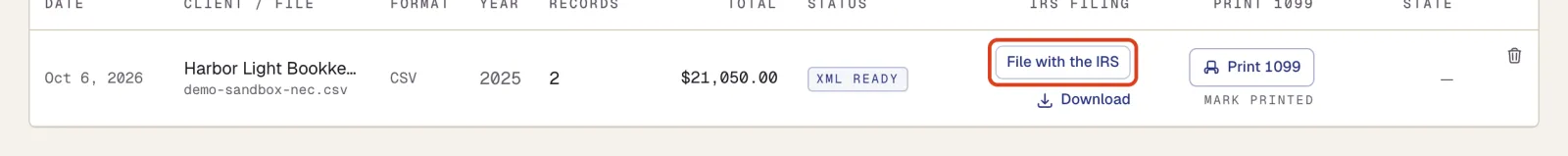 A row in IRS Files with status XML READY. The File with the IRS button is outlined.