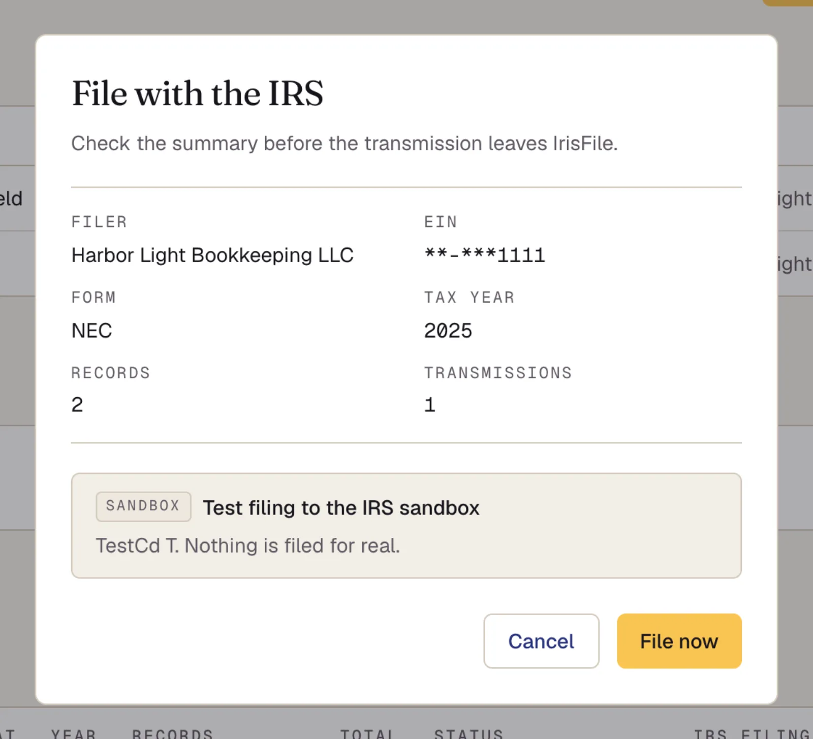 The File with the IRS dialog: filer, masked EIN, form NEC, tax year 2025, 2 records, 1 transmission, and the File now button.