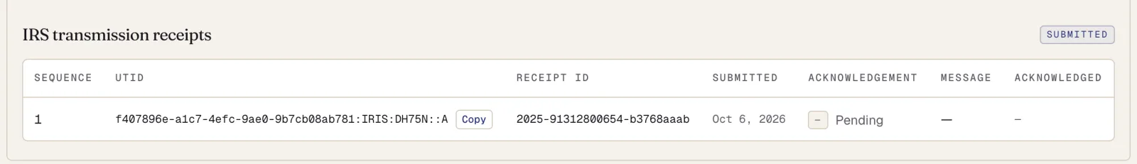 IRS transmission receipts: one transmission with its UTID, receipt ID, submitted date, and an acknowledgement of Pending.