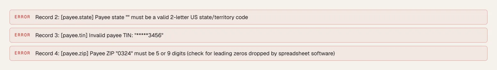 Three errors: record 2 has a blank payee state, record 3 has an invalid payee TIN, and record 4 has a four-digit ZIP.