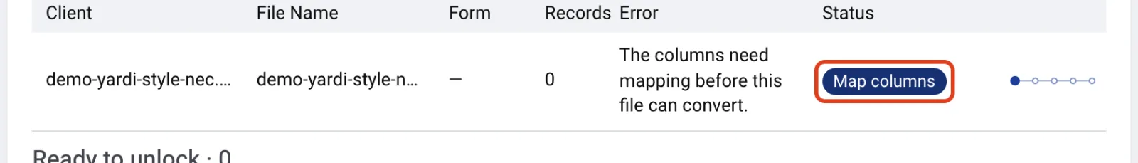 A row under Needs fixing for the uploaded workbook. The error reads The columns need mapping before this file can convert, and the row has a Map columns action.