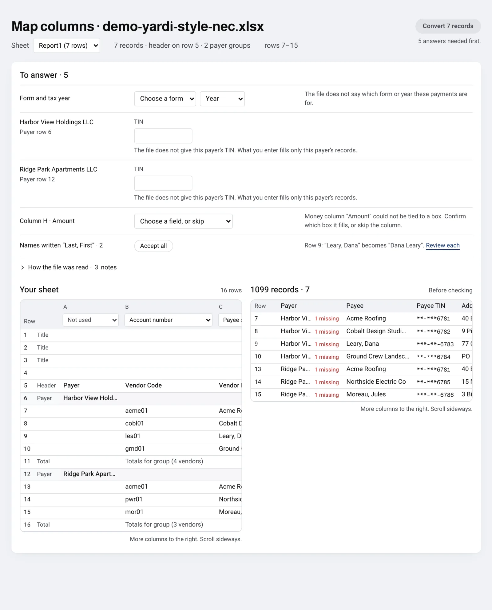 The Map columns page. A To answer panel sits above two tables: Your sheet on the left and 1099 records on the right.