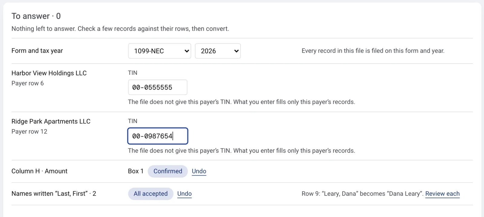 The To answer panel with nothing left to answer: 1099-NEC and 2026 chosen, a TIN entered for each of two payers, Column H Amount confirmed as Box 1, and both Last, First names accepted.