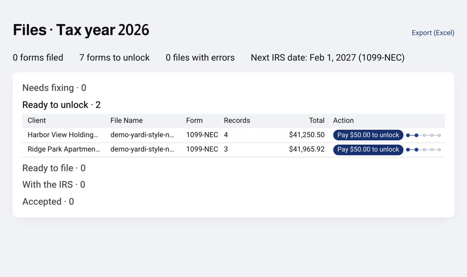 The Files page after the conversion. Ready to unlock holds two files from the workbook: Harbor View Holdings with 4 records and Ridge Park Apartments with 3, each with a Pay $50.00 to unlock button.