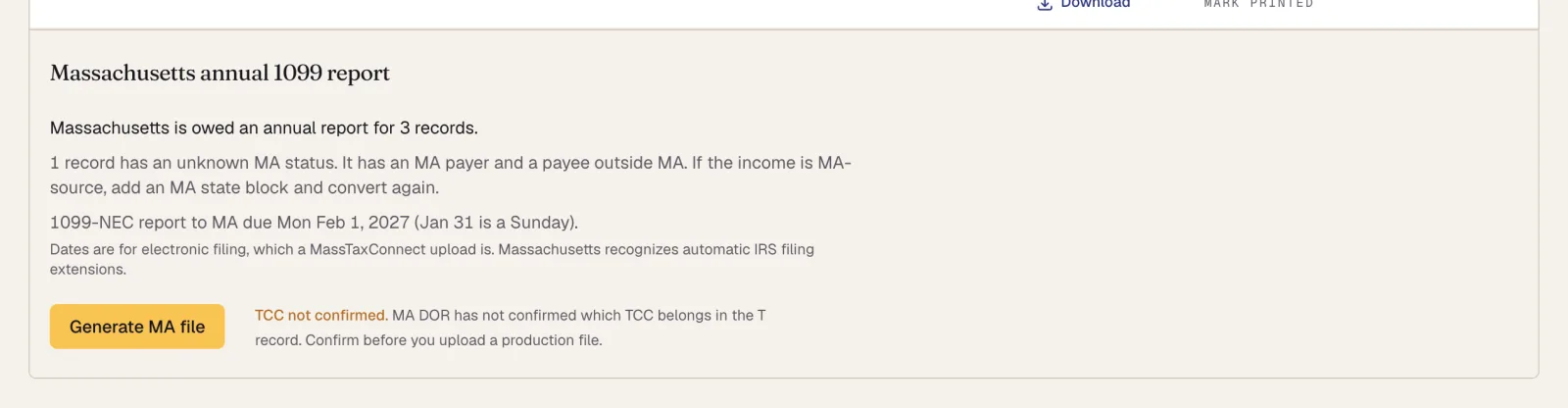 The Massachusetts annual 1099 report panel: 3 records owed, 1 record with an unknown status, the 1099-NEC due date, the Generate MA file button, and a TCC not confirmed note.