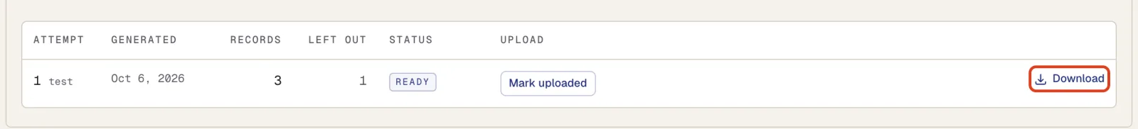 The MA file attempts table: attempt 1, 3 records, 1 left out, status READY, a Mark uploaded button, and the Download link outlined.