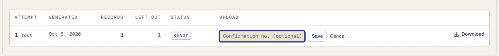 The attempt row with a Confirmation no. (optional) field, Save, and Cancel.