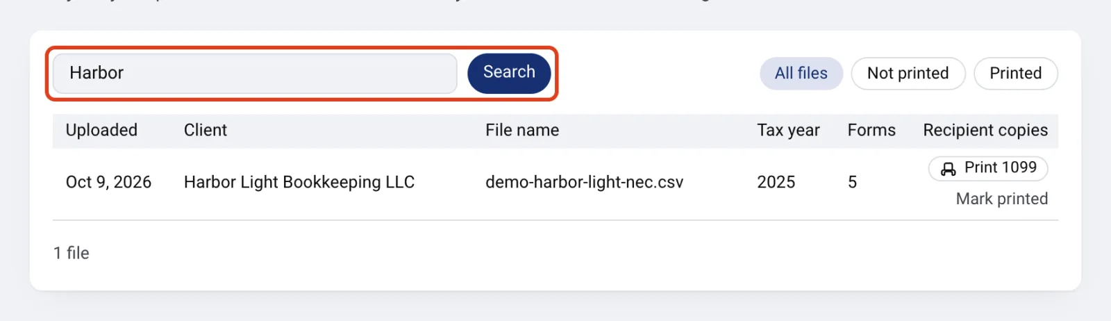 The search box holds Harbor and is outlined. One row is left: Harbor Light Bookkeeping, demo-harbor-light-nec.csv.
