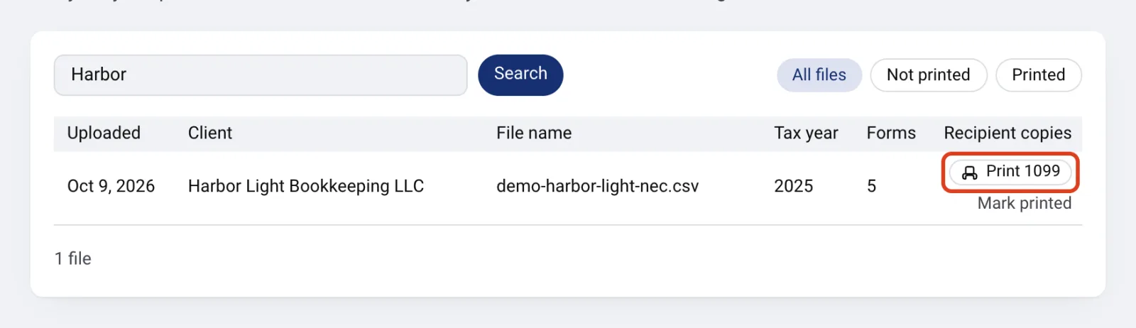 The Print 1099 button on the Harbor Light row is outlined.