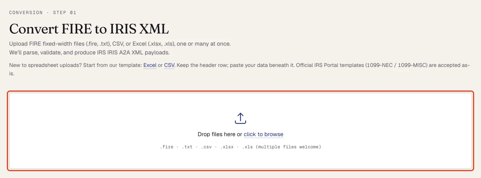 The IRISfile dashboard. The upload area is outlined, with the accepted file types listed under it.
