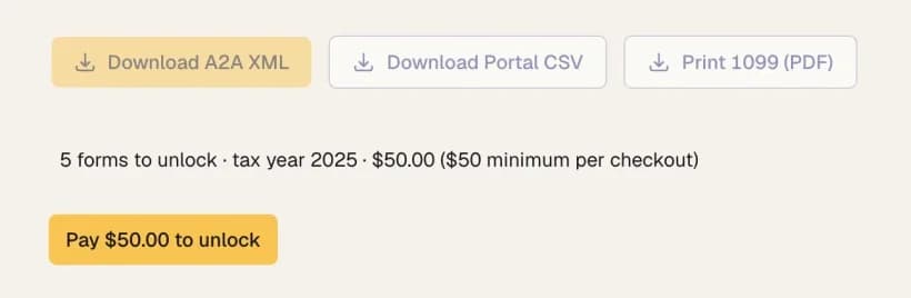 The converted file's output buttons, locked, with the quote under them: 5 forms to unlock, tax year 2025, $50.00, and a Pay $50.00 to unlock button.